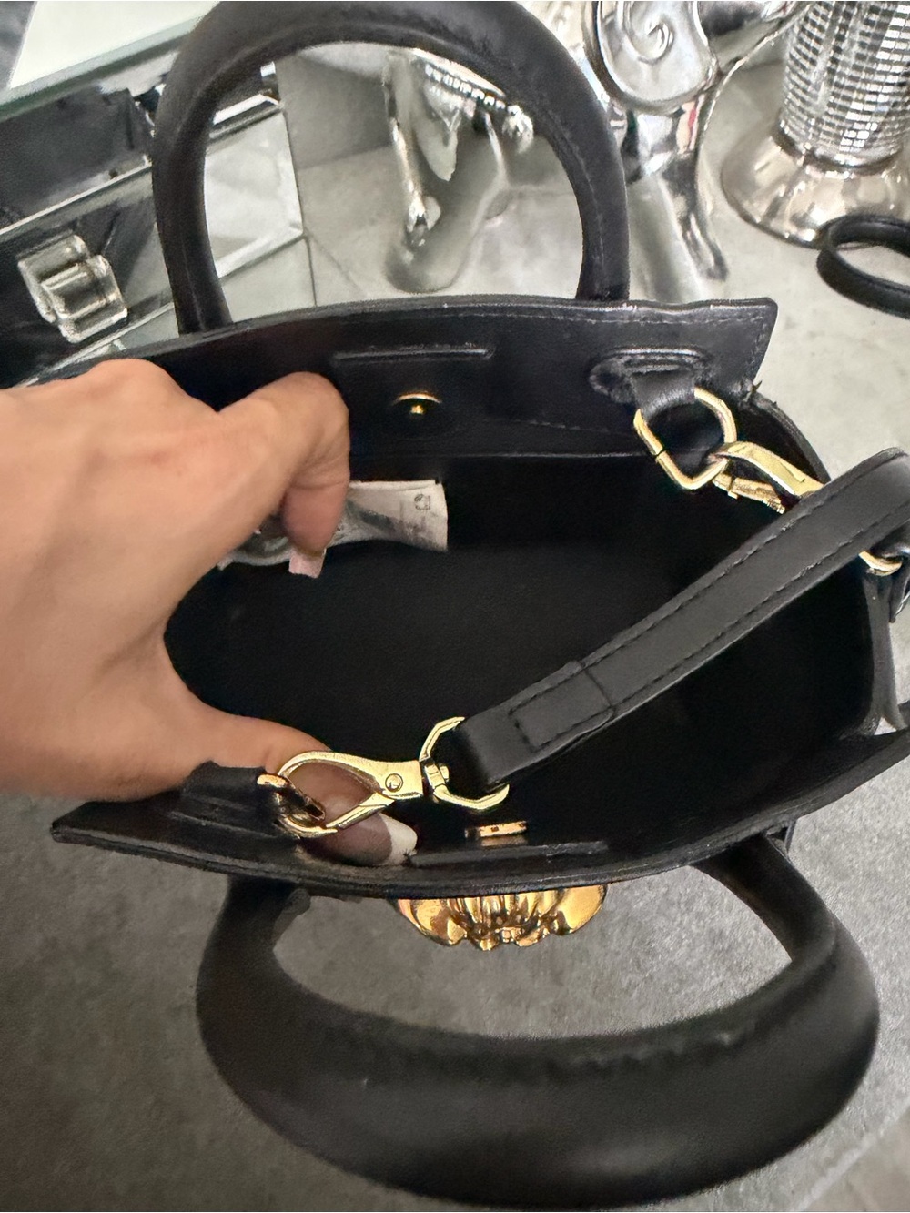 Versace Black Leather Mini Tote with Gold Medusa Emblem - Picture 3 of 3